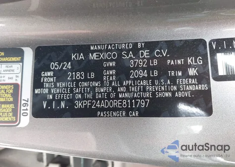 2024 Kia Forte Lxs z USA, uszkodzony, nr VIN 3KPF24AD0RE811797